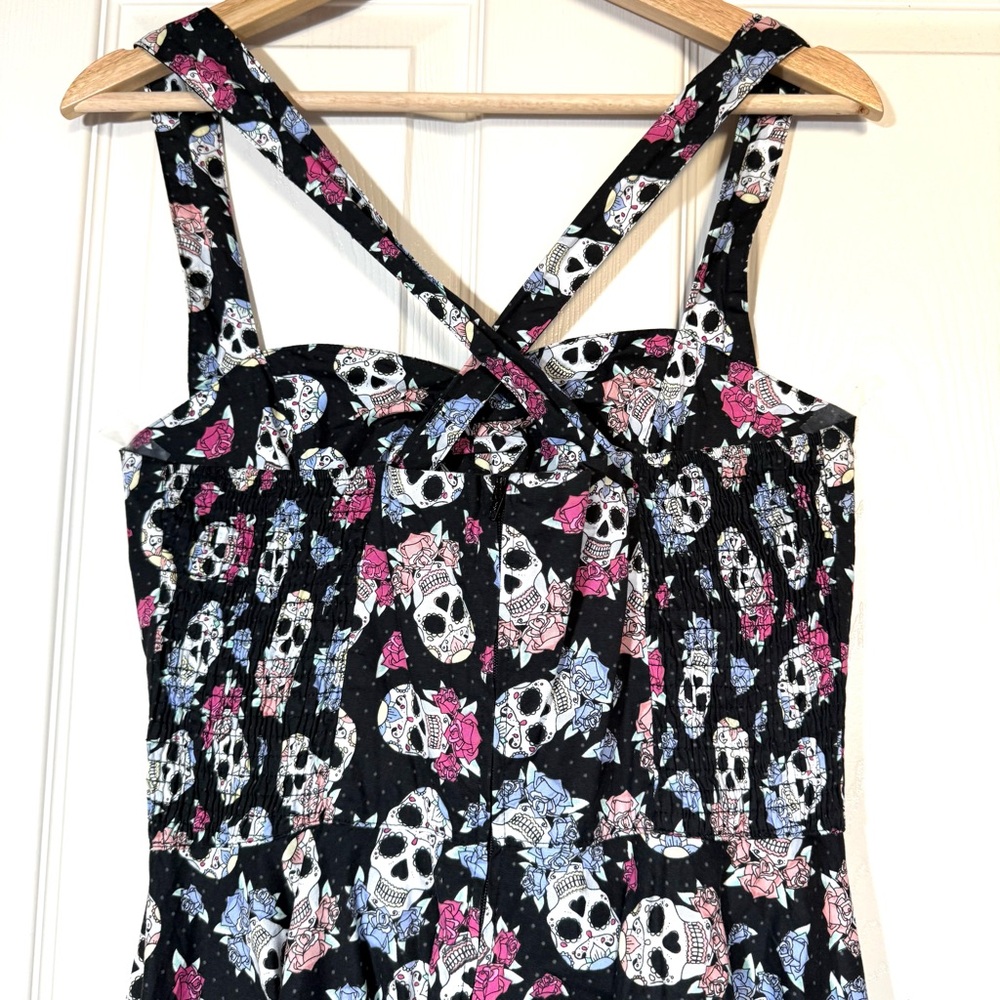 Hell Bunny Muertos 50s Style Smocked Swing Dress Dead Sugar Skull Print Ss M - Picture 5 of 12